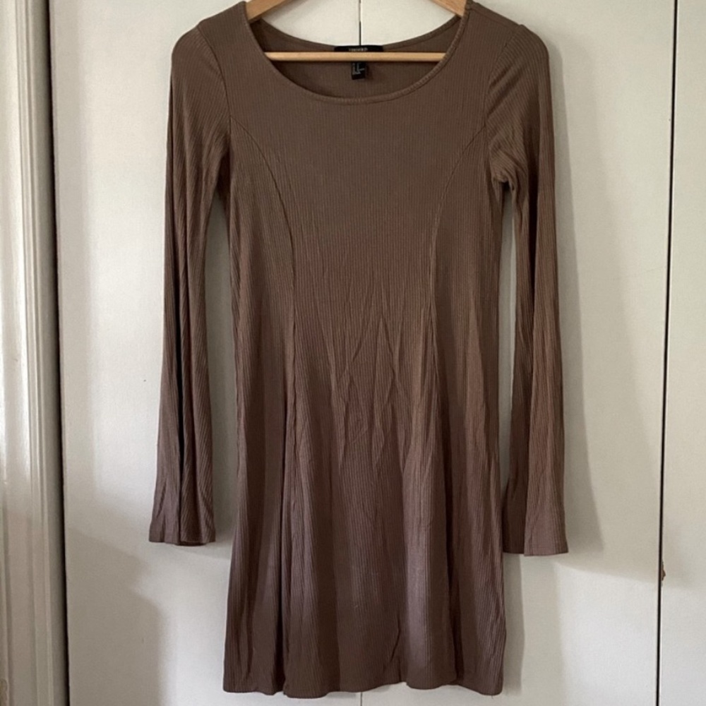 Forever 21 Flare Bell Sleeve Ribbed Dress in Clay Brown